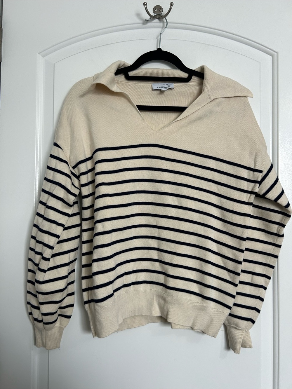 & Other Stories Striped Cream Navy Collared  Knit Sweater Size M Fall 90s Rugby